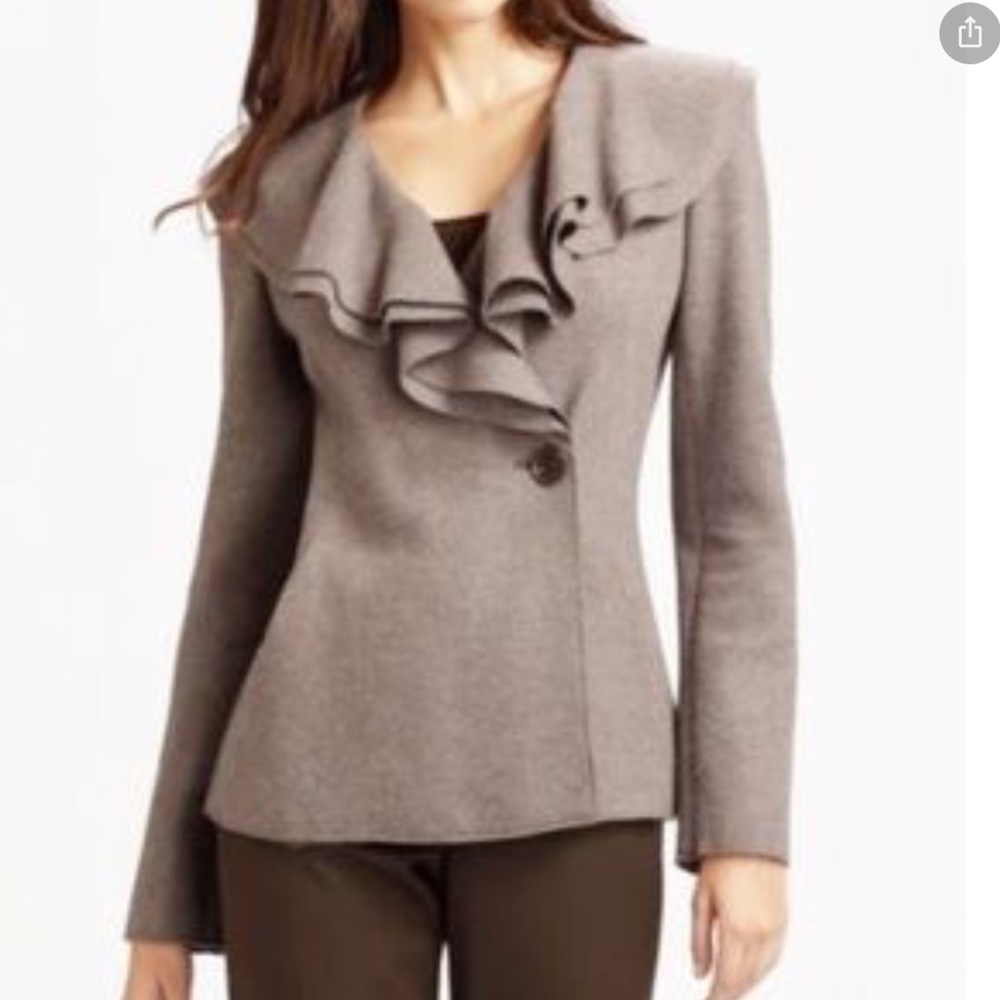 Lafayette 148 New York Brown Ruffle Collar Wool Coat one button size 10